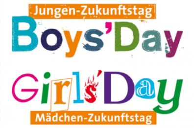 Logo des Jungen-Zukunftstags (Boys'Day) und Mädchen-Zukunftstags (Girls'Day) in bunten, verspielten Buchstaben. Die Wörter 'Boys'Day' und 'Girls'Day' sind in verschiedenen Farben wie Blau, Orange, Pink und Grün gestaltet, mit den deutschen Bezeichnungen jeweils in orangefarbenen Balken darüber bzw. darunter.