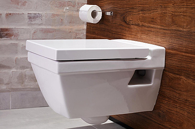 Eine Toilette die an einer dunklen Holzwand befestigt ist. Eine Klopapierhalterung ist an der Wand befestigt.