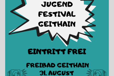 Jugendfestival-Plakat: Am 31.08.2024 lädt die Netzwerkstelle für Demokratie im Landkreis Leipzig von 12.30 bis 20 Uhr zum Jugendfestival ins Freibad Geithain ein. Geboten wird ein vielfältiges Angebot aus Sport, Kultur und Mitmach-Aktionen. Der Eintritt ist für alle frei.
