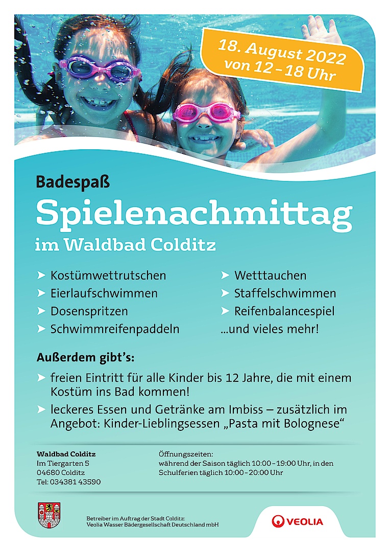 Plakat SPielenachmittag im Waldbad Colditz am 18. August von 12 bis 18 Uhr